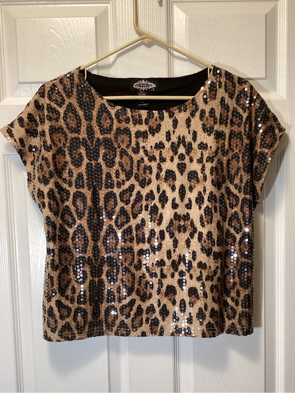 Sequin Leopard Print Short Sleeve Top - Neutral, Size M